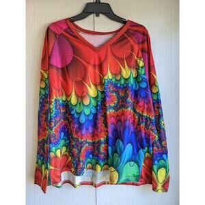 Women's Multicolor Rainbow V-neck Long Sleeve Polyester Top Size 3XL